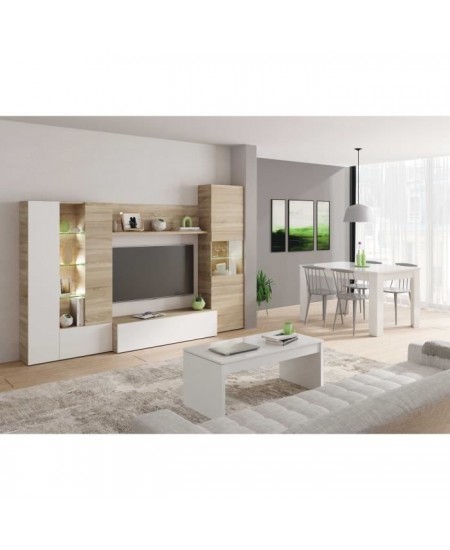 ESSENCIAL Meuble TV avec LED classique blanc brillant et décor chene - L 260 cm