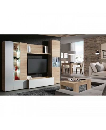 ESSENCIAL Meuble TV avec LED classique blanc brillant et décor chene - L 260 cm