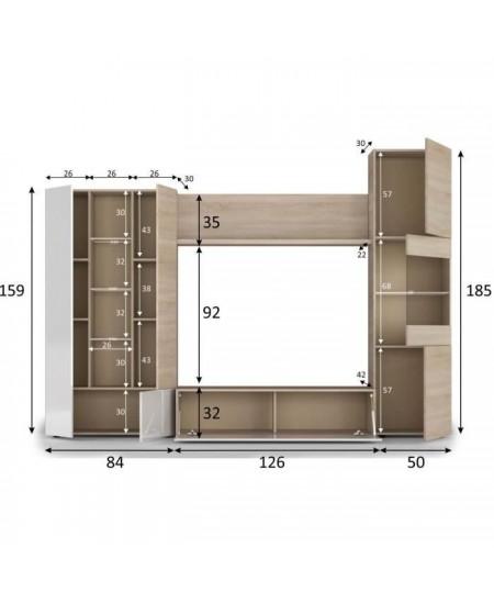 ESSENCIAL Meuble TV avec LED classique blanc brillant et décor chene - L 260 cm