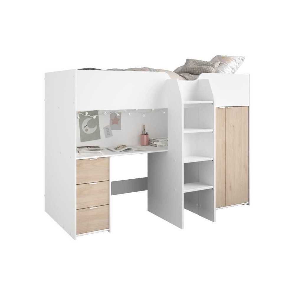 Lit combiné mezzanine enfant - TOM - Blanc et chene - Armoire, bureau