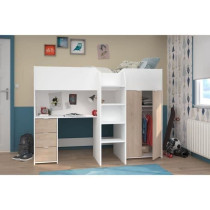 Lit combiné mezzanine enfant - TOM - Blanc et chene - Armoire, bureau