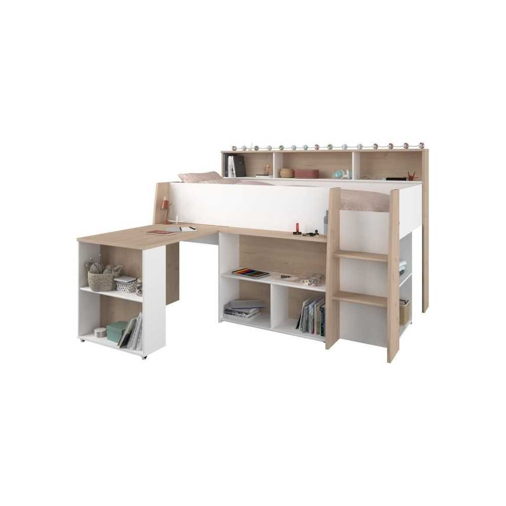 PARISOT Lit combiné enfant avec bureau rétractable - Décor blanc et