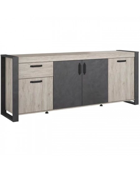 Buffet enfilade CESAR - Décor chene beige grisé et noir - 1 Tiroir et 4 Portes - L 217,8 x P 49,8 x H 86,7 cm - PARISOT