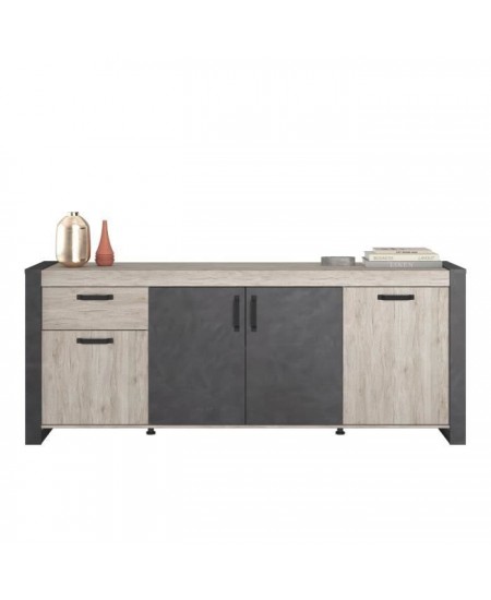 Buffet enfilade CESAR - Décor chene beige grisé et noir - 1 Tiroir et 4 Portes - L 217,8 x P 49,8 x H 86,7 cm - PARISOT