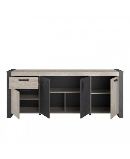 Buffet enfilade CESAR - Décor chene beige grisé et noir - 1 Tiroir et 4 Portes - L 217,8 x P 49,8 x H 86,7 cm - PARISOT