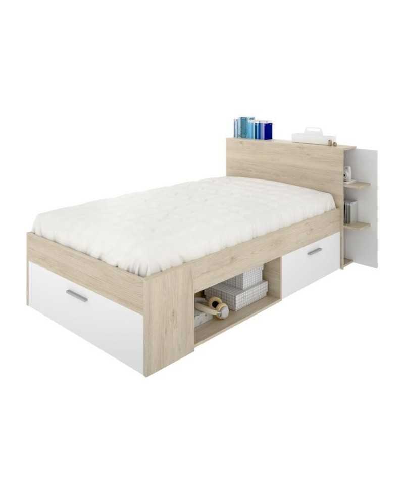 SAX Lit enfant multiples rangements - Décor Chene et blanc - 90 x 190 cm