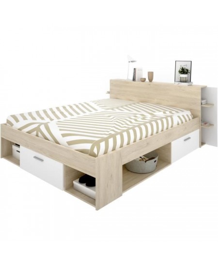 SAX Lit adulte - 140x190 cm - 3 tiroirs + Tete de lit avec rangement - Décor chene et blanc