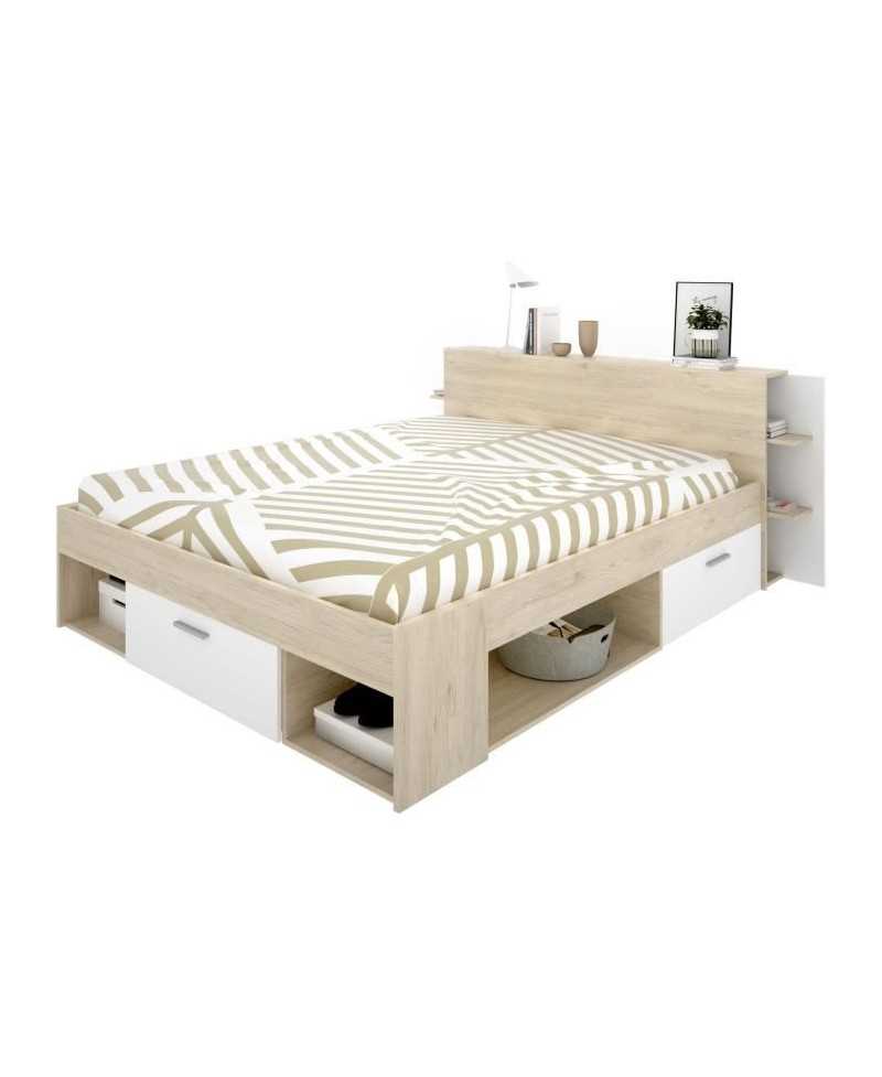 SAX Lit adulte - 140x190 cm - 3 tiroirs + Tete de lit avec rangement - Décor chene et blanc