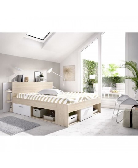 SAX Lit adulte - 140x190 cm - 3 tiroirs + Tete de lit avec rangement - Décor chene et blanc