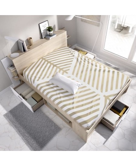 SAX Lit adulte - 140x190 cm - 3 tiroirs + Tete de lit avec rangement - Décor chene et blanc