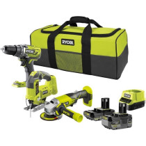 RYOBI 3 outils : 1 perceuse-visseuse R18DD3 + 1 meuleuse 115 mm + 1 sc