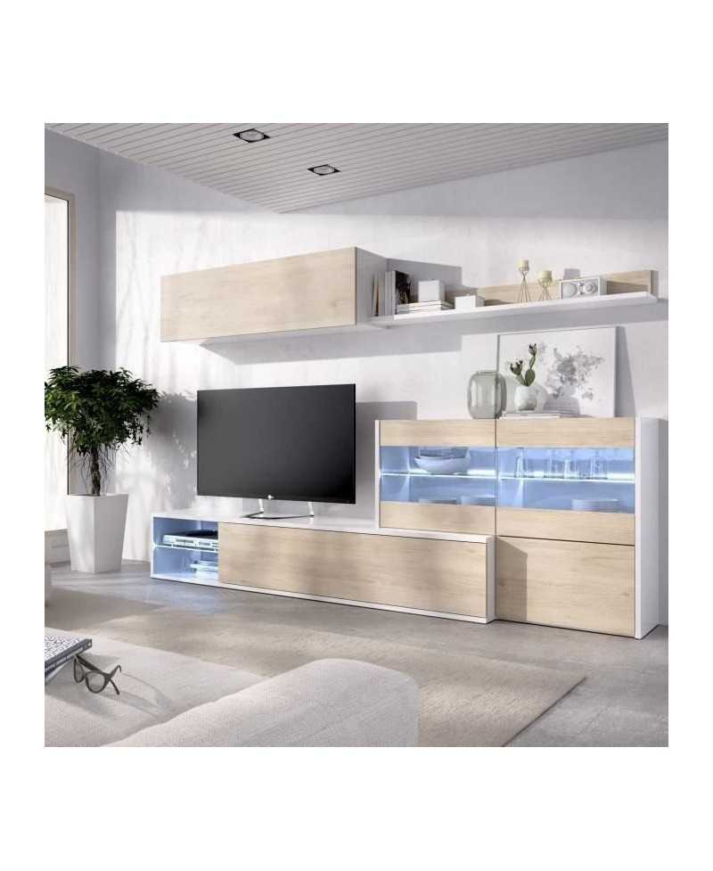 Ensemble meuble séjour living avec vitrine LED - Décor chene et blanc - L 260 x P 41 x H 180 cm - UMA