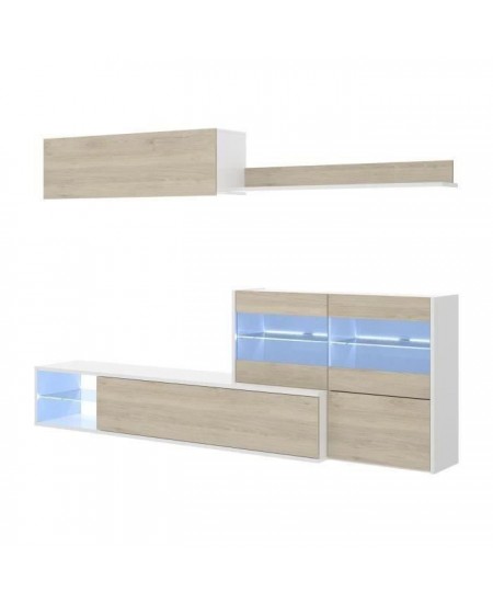 Ensemble meuble séjour living avec vitrine LED - Décor chene et blanc - L 260 x P 41 x H 180 cm - UMA