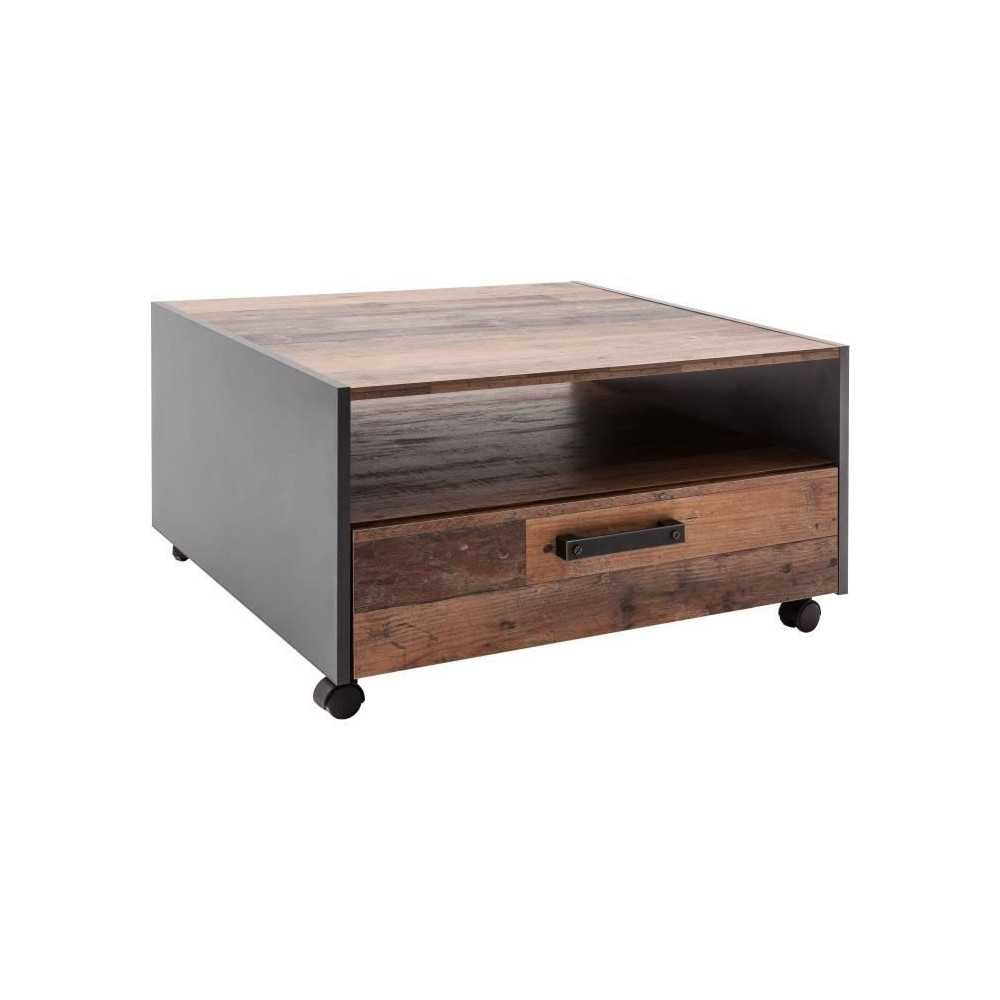 Square coffee table on wheels - Particle board - Aged wood and gray de