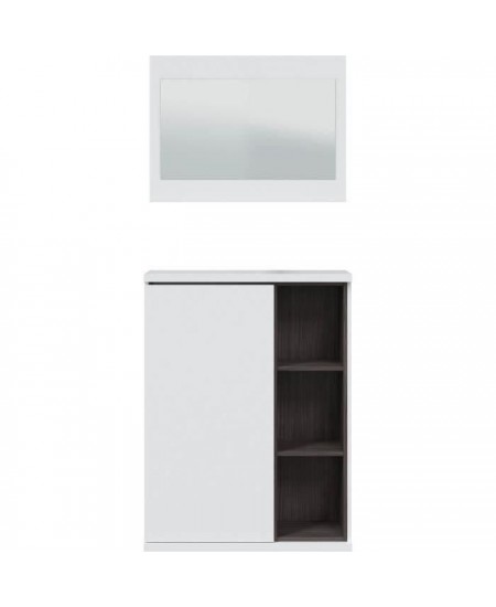 Meuble a chaussures + miroir inclus - Mélaminé blanc et anthracite - 1 porte + 3 niches de rangement - L108 x P11 x H60 cm ADH