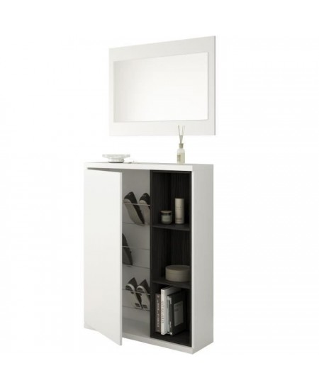 Meuble a chaussures + miroir inclus - Mélaminé blanc et anthracite - 1 porte + 3 niches de rangement - L108 x P11 x H60 cm ADH