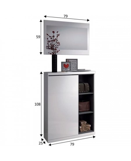 Meuble a chaussures + miroir inclus - Mélaminé blanc et anthracite - 1 porte + 3 niches de rangement - L108 x P11 x H60 cm ADH