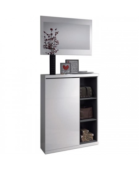 Meuble a chaussures + miroir inclus - Mélaminé blanc et anthracite - 1 porte + 3 niches de rangement - L108 x P11 x H60 cm ADH