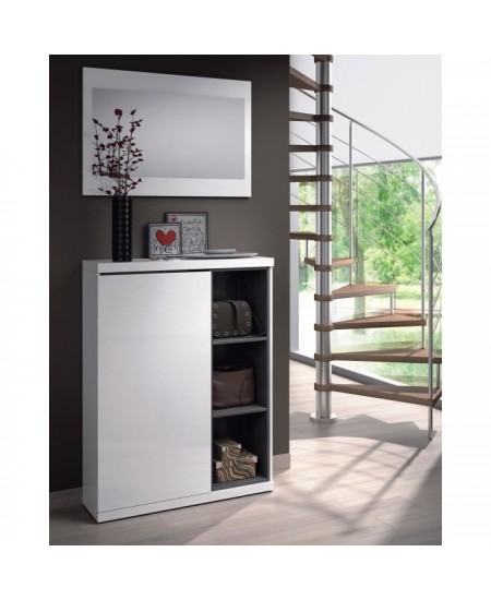 Meuble a chaussures + miroir inclus - Mélaminé blanc et anthracite - 1 porte + 3 niches de rangement - L108 x P11 x H60 cm ADH