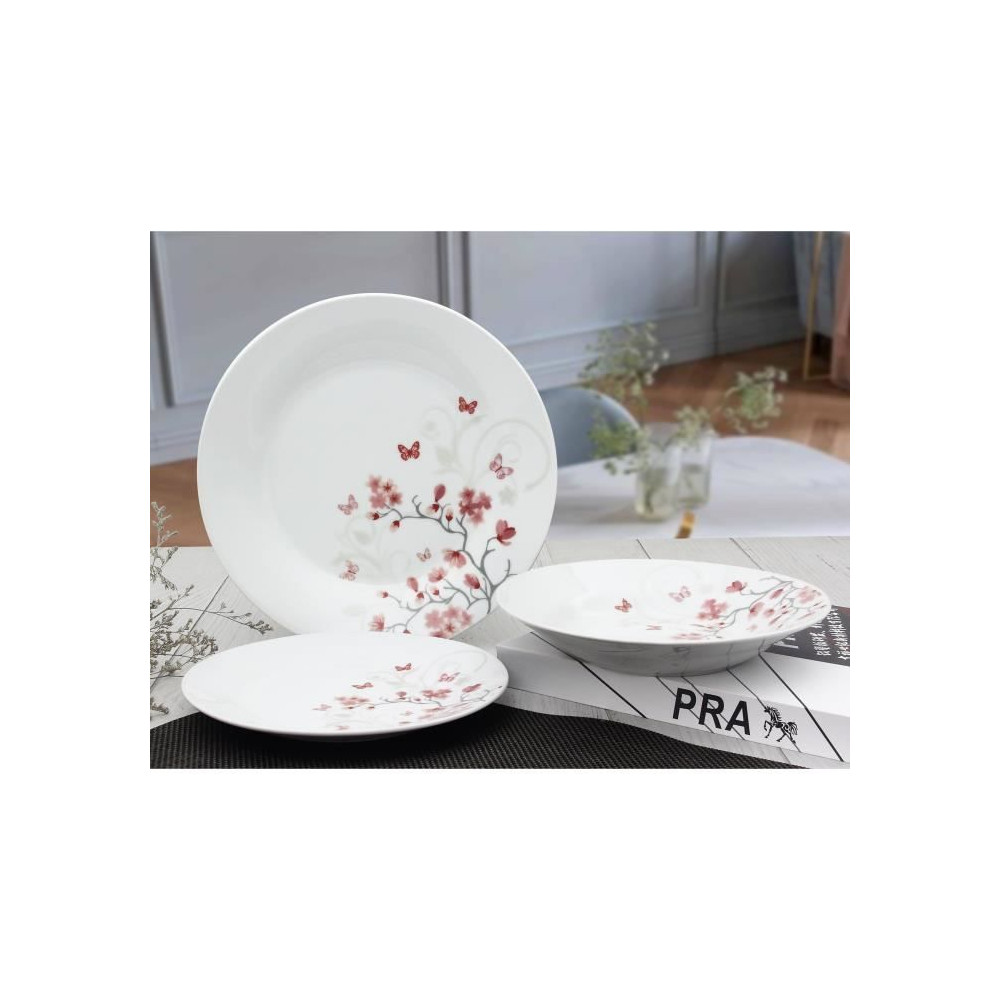 Table service 18 pieces in porcelain Butterflies red