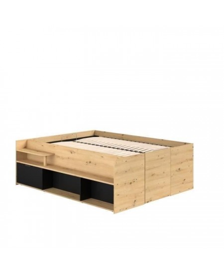 ODYSSEE Lit adulte - 140x200 cm - Avec coffre relevable - Décor chene et noir - L 166,2 x 66,5 x 205,8 cm