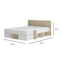 DIAGONE Lit adulte avec tiroirs de rangement - Chene et blanc - 140 x