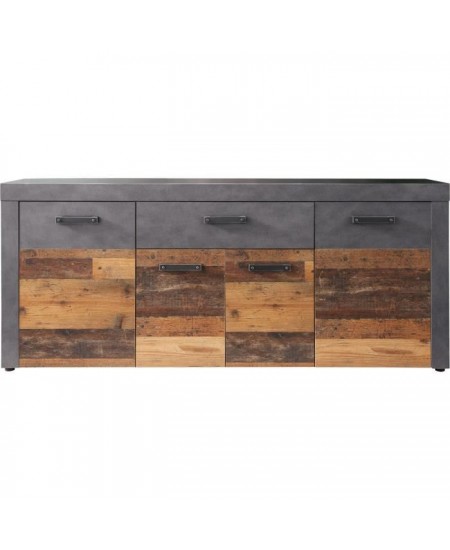 Buffet bas INDY 4 Portes et 1 Tiroir - Mélaminé bois vieilli et gris mat - L 178 x P 40 x H 77 cm