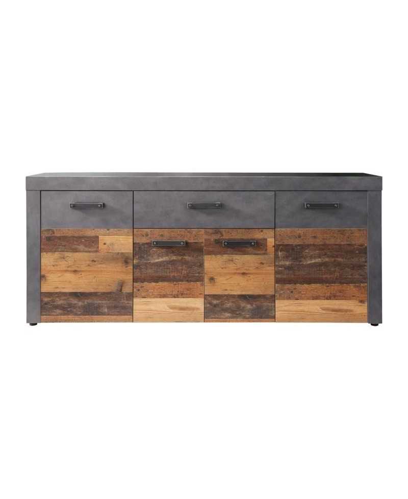 Buffet bas INDY 4 Portes et 1 Tiroir - Mélaminé bois vieilli et gris mat - L 178 x P 40 x H 77 cm