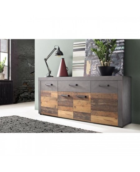 Buffet bas INDY 4 Portes et 1 Tiroir - Mélaminé bois vieilli et gris mat - L 178 x P 40 x H 77 cm