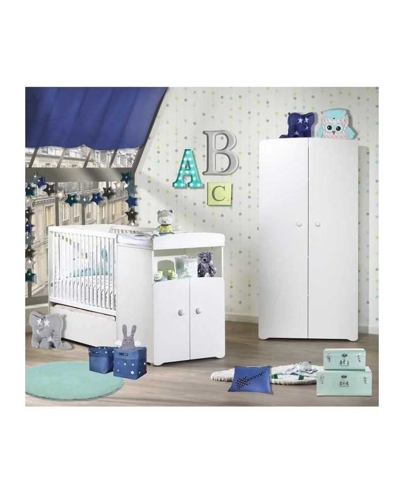 Lit bébé combiné évolutif - BABY PRICE - Basic - Blanc - Bouton coeur blanc -60 x 120 cm