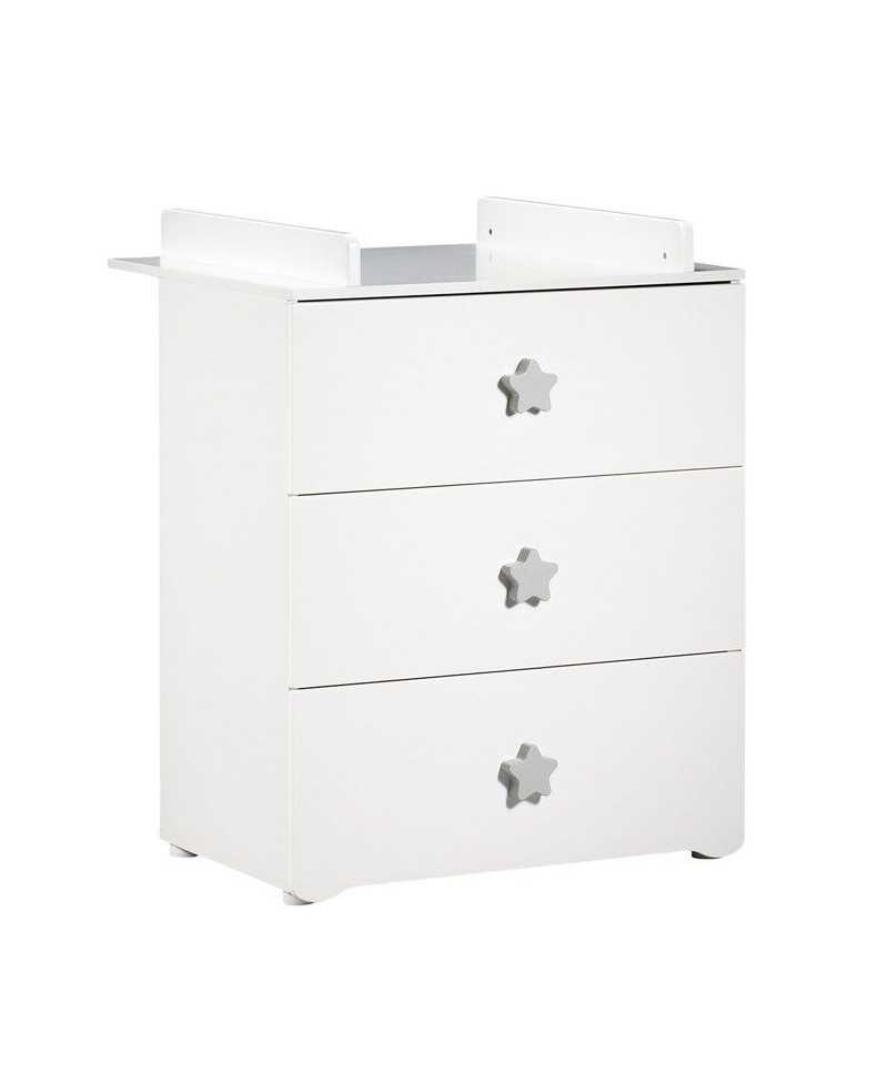 Commode a langer - Babyprice - Basic - 3 tiroirs - Blanche - Boutons étoiles grises