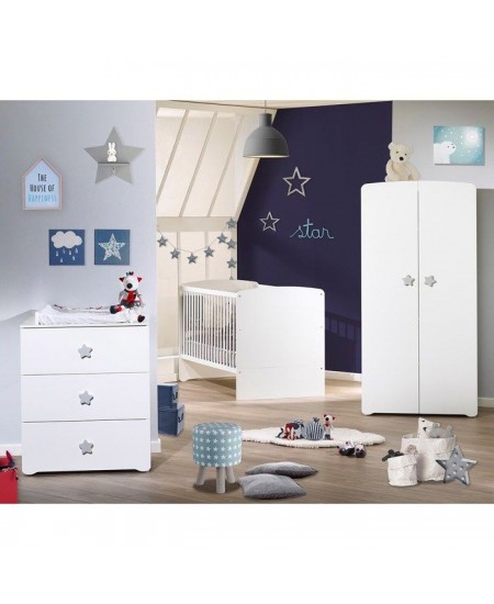 Armoire bébé Basic - Blanche - Boutons étoiles grises - 2 portes - Babyprice