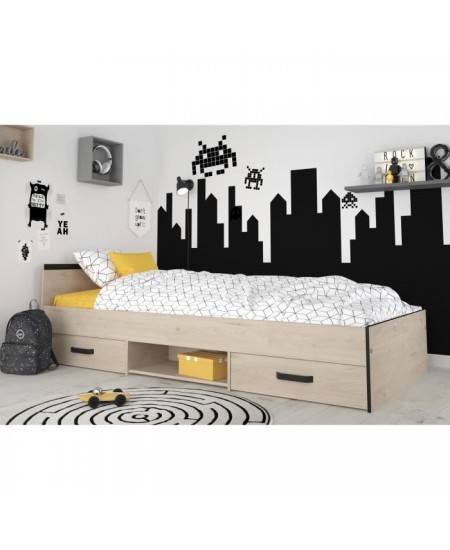 Lit enfant PARISOT Zodiac - 90x200 cm - Panneaux de particules - Décor chene et noir - Rangement