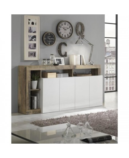 Buffet MAESTRO - Panneaux de particules - Effet Bois Vintage et blanc Laqué - 4 portes - L 184 x P 42 x H 93 cm