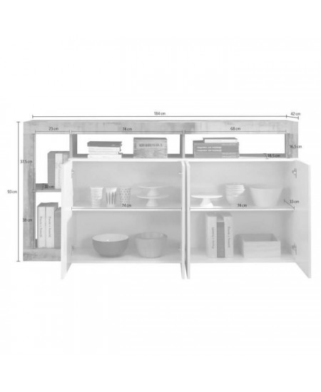 Buffet MAESTRO - Panneaux de particules - Effet Bois Vintage et blanc Laqué - 4 portes - L 184 x P 42 x H 93 cm