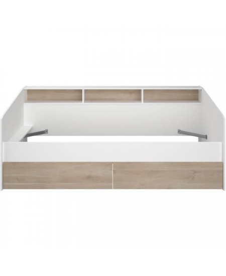 Lit banquette 2 tiroirs 90 x 200/190 cm - MDF - Mat décor chene et blanc - JOY - 2339ENSE