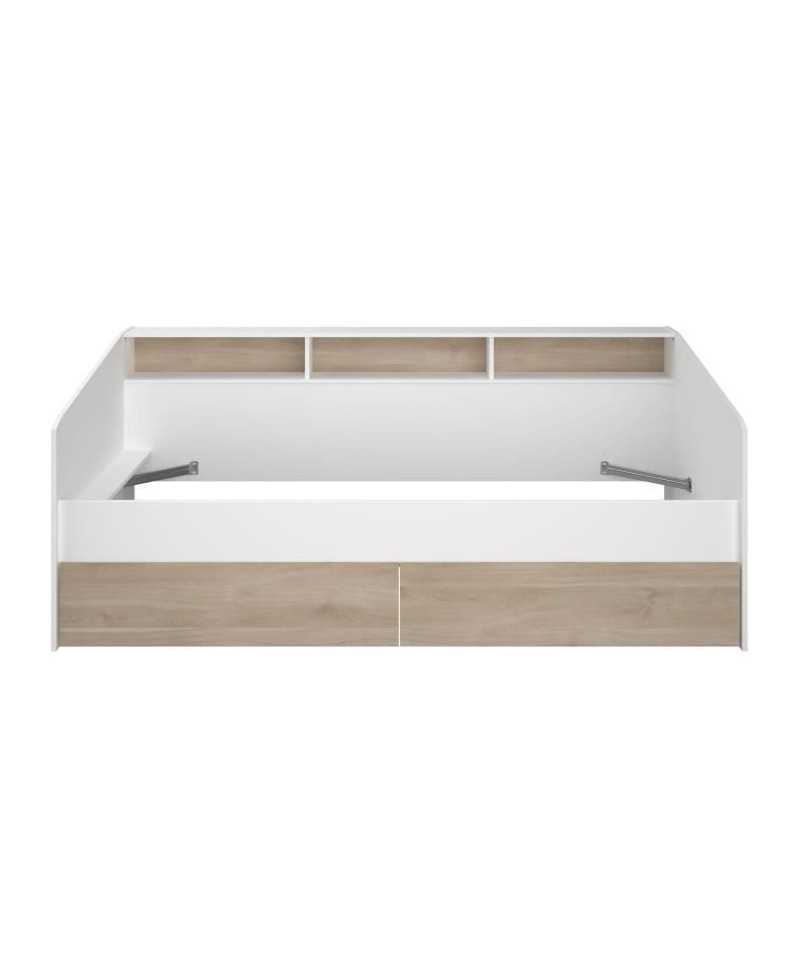 Lit banquette 2 tiroirs 90 x 200/190 cm - MDF - Mat décor chene et blanc - JOY - 2339ENSE