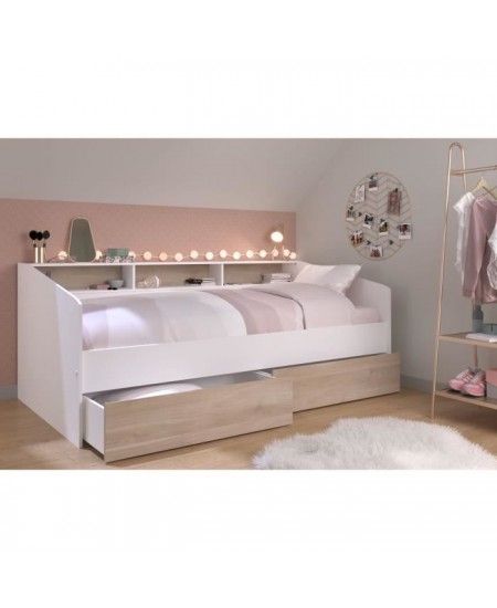 Lit banquette 2 tiroirs 90 x 200/190 cm - MDF - Mat décor chene et blanc - JOY - 2339ENSE