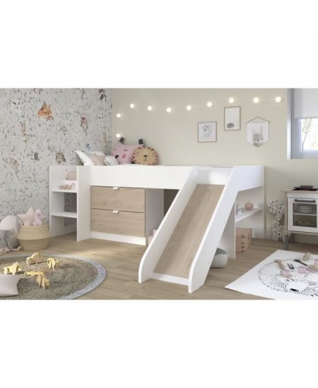 PARISOT SLIDE - Lit toboggan enfant - Décor Blanc et Chene Jackson - Sommier inclus - 90 x 200 cm