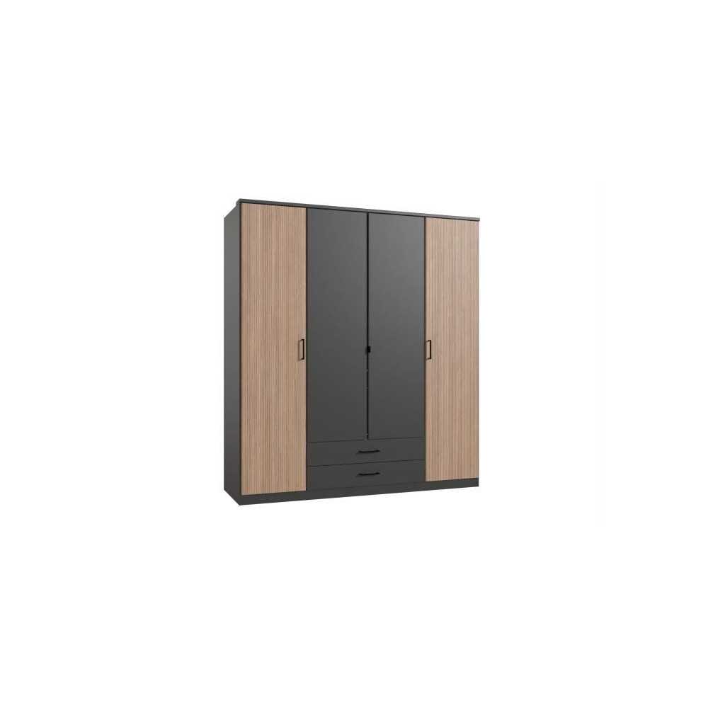 Armoire de chambre - AGIA - Graphite - 4 portes battantes - 2 tiroirs