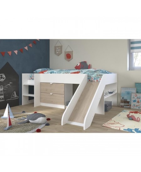 PARISOT SLIDE - Lit toboggan enfant - Décor Blanc et Chene Jackson - Sommier inclus - 90 x 200 cm