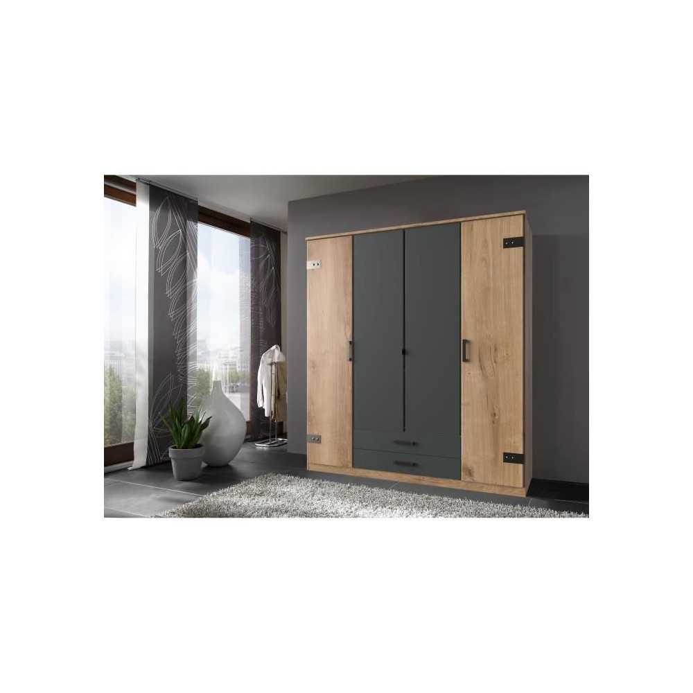 Armoire de chambre - CORFOU - 3 portes - 2 tiroirs - Chene poutre / Gr