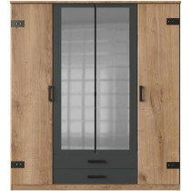 Armoire de chambre - CORFOU - 4 portes - 2 miroirs - 2 tiroirs - Chene