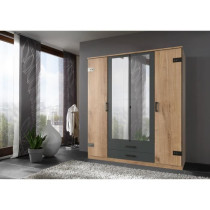 Armoire de chambre - CORFOU - 4 portes - 2 miroirs - 2 tiroirs - Chene