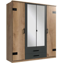 Armoire de chambre - CORFOU - 4 portes - 2 miroirs - 2 tiroirs - Chene