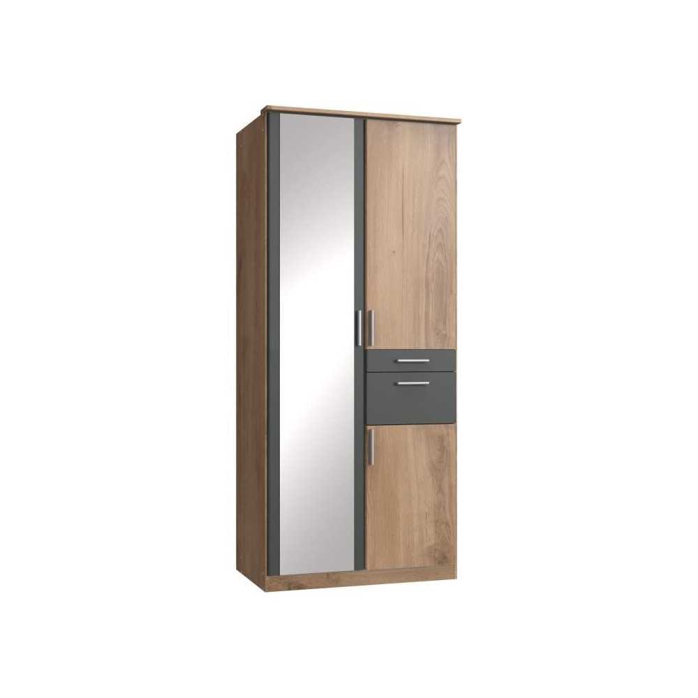 Armoire de chambre - VOLOS - Chene poutre / Graphite - 3 portes - 1 po