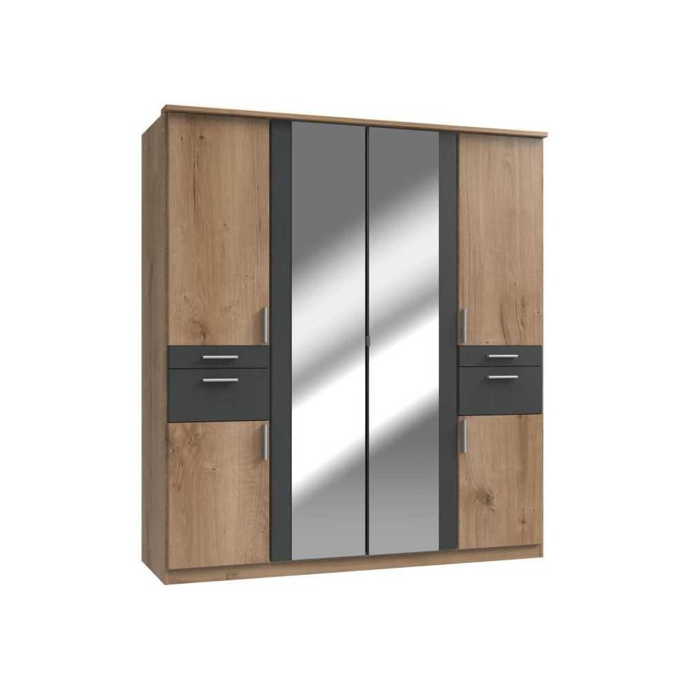 Armoire de chambre - VOLOS - Chene poutre / Graphite - 6 portes - 2 po