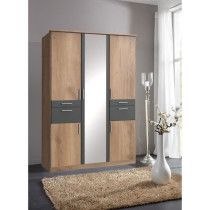 Armoire de chambre - VOLOS - Chene poutre / Graphite - 5 portes - 1 po