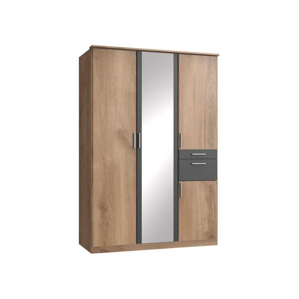 Armoire de chambre - VOLOS - Chene poutre / Graphite - 4 portes - 1 po