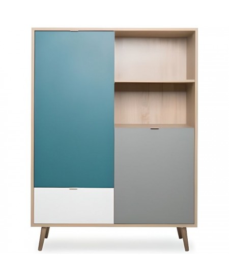 Buffet haut - Chene Sonoma, blanc, gris et bleu - Style scandinave - CUBA - L 103 x P 40 x H 139 cm